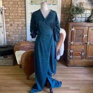 TRIBALBYN GREEN SPARKLY 3/4 SLEEVE WRAP DRESS MEDIUM NEW